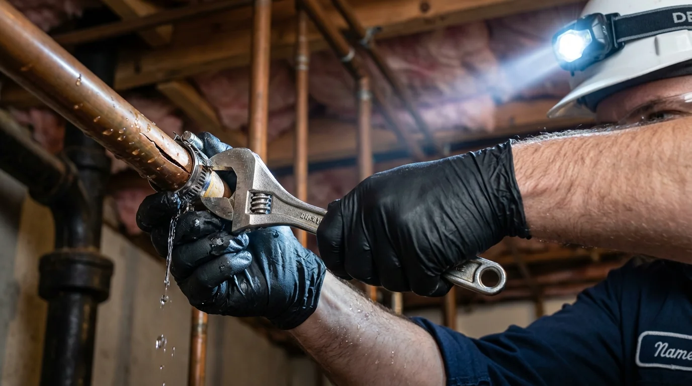 Emergency pipe clamp repair being performed by a Johns Plumbing LLC plumber in Hysham