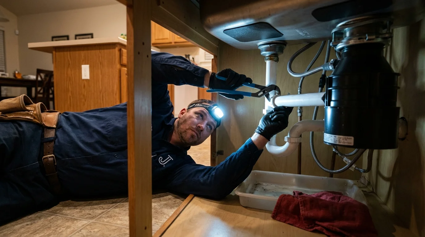 P-trap and supply line connections under a kitchen sink showing a common leak point in Hysham, MT